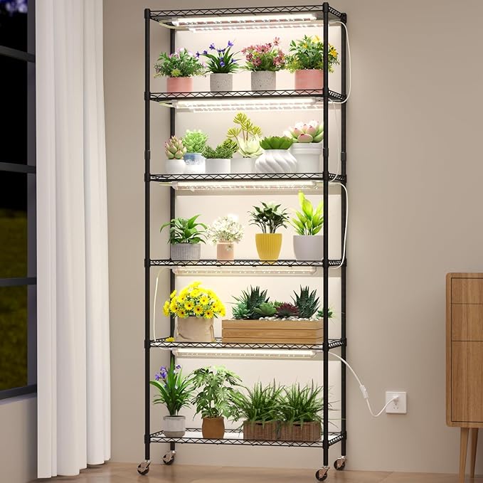 Plant Stand with Grow Light 6-Tier DIY Plant Shelf with Grow Lights for Seedlings Greenhouse Indoor 8 Pack 5000K 192W LED Full Spectrum Growing Lamp with Rack Wheel 29x13.5x73.5