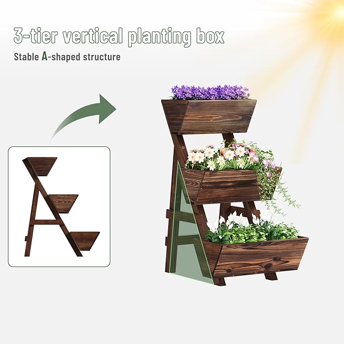 Vertical Wooden Raised Garden Bed Garden Planters Freestanding Wood Plant Stand Flower Rack Wooden Planter Box for Plants Herbs Flowers Vegetables Outdoor Indoor Gardening (3-Tier Small Carbonized)