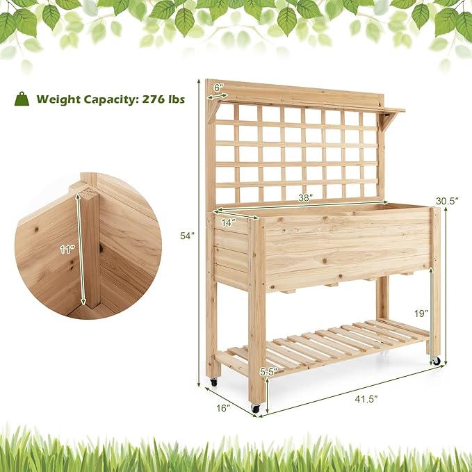 Giantex Rolling Raised Garden Bed with Trellis Wood Planter Box on Wheels Black Liner Storage Shelf Garden Trellis for Vine Climbing Flower Vegetable Herb or Hanging Tools 41.5x16x 54