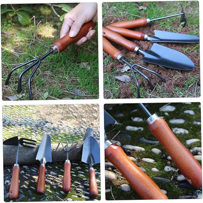 4pcs Gardening Hand Tool Set with Mini Trowel Narrow Extended Shovel Dual-use Hoe and Rake and Three-Prong Cultivator for Planting and Soil Digging in Garden and Patio