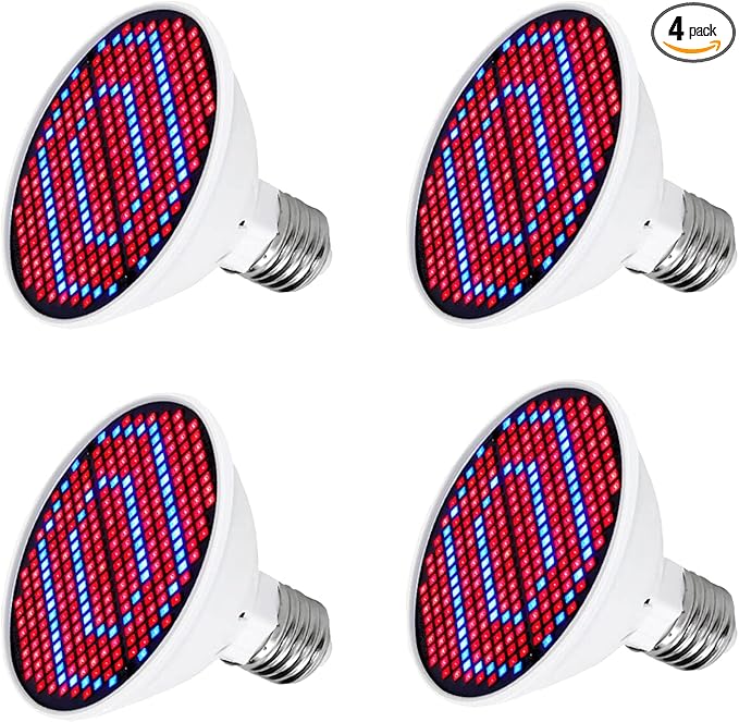 Plant Grow Lights Bulb200 LEDs Red and Blue Spectrum LED Indoor Plants Lights for Growing Seedling Vegetative Fruiting and Flowering. Pack of 4