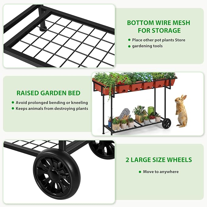 Vrisa Elevated Raised Garden Bed Outdoor with Legs 43x17x29 in Plastic Standing Planter Box with Storage Shelf and Wheels Vegetables Herbs Flowers Gardening Boxes for Backyard Patio Balcony Black