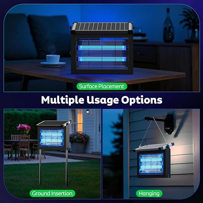 Solar Bug Zapper Outdoor Mosquito Zapper Waterproof Electric Fly Zapper Rechargeable Mosquito Killer Lamp with 10W Solar Panel 4500V Cordless Fly Trap for Backyard Patio Garden RV Camping