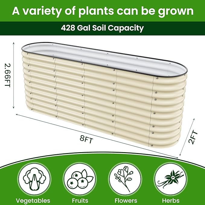 8x2x2.66Ft Galvanized Raised Garden Bed32 Extra Tall Raised Planter Box with Bracing RodsMetal Planter Garden Beds for Growing Vegetables in Outdoor Patio(Ivory).