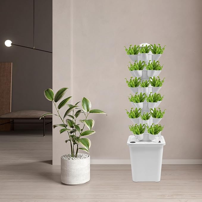 30 Pots Hydroponic Tower Growing System 6 Layers Movable Vertical Hydroponics Tower Garden Growing System Space Saving Indoor Plants Smart Garden for Gardening Lover