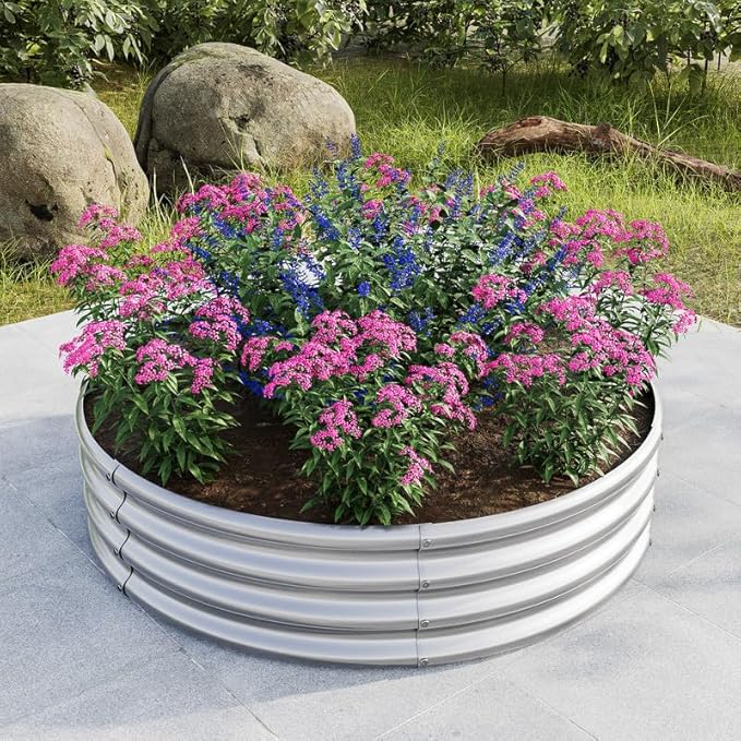 47.24 * 11.4 Tall Round Raised Garden Bed Galvanized Metal Raised Beds for Vegetables Outdoor Garden Raised Planter Box Backyard Patio Planter Raised Beds for Flowers Fruits Silver