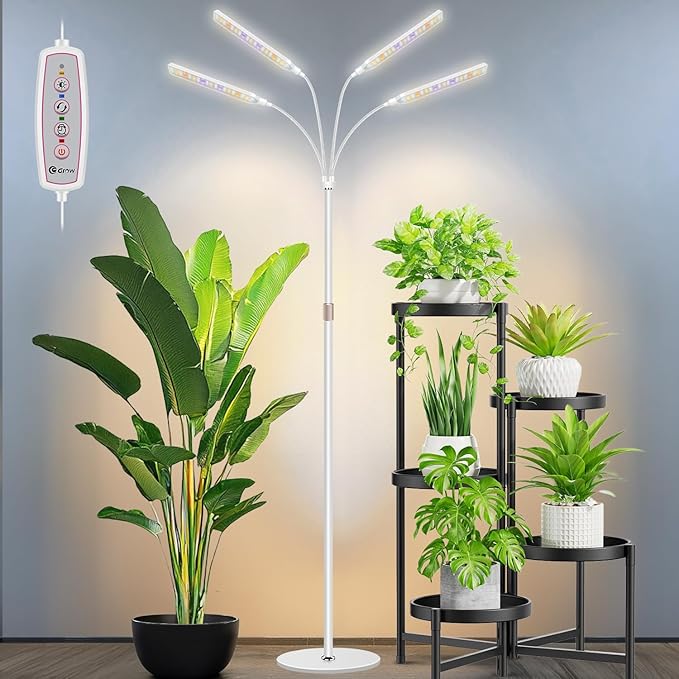 Grow Lights for Indoor Plants 4-Head Full Specturm Plant Grow Light with 4/8/12/16H Timer 3 Color Modes 5 Brightness 24-68.7in Height Adjustable Floor Growing Lamp for Tall Large Plants