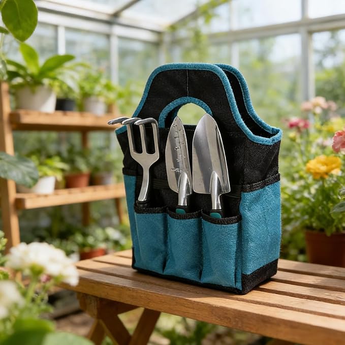 7pcs Heavy Duty Garden Tool: Garden Shovel Transplant Trowel and Hand Rake with Organizer Handbag for Planting - Gardening Essential Supplies