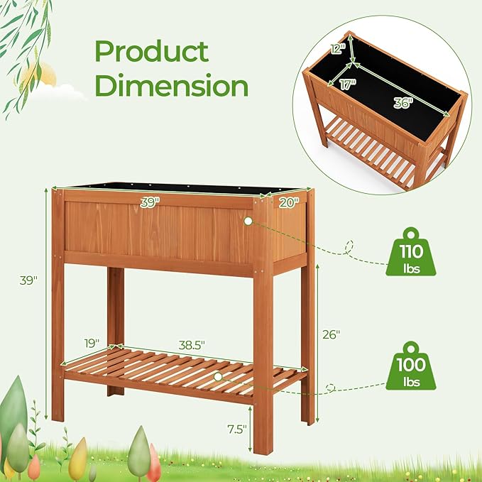 Giantex Raised Garden Bed Outdoor Elevated Fir Wood Garden Box with Legs Bottom Storage Shelf &amp Protective Liner Planter Raised Bed for Gardening Fruit Vegetables Herbs 39 Lx20 Wx39 H