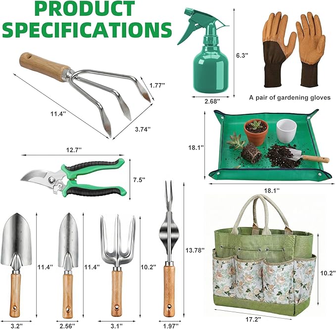 Gardening Tools 10 Pack Heavy Duty Rust-Proof Garden Tool Set with Organizer Tote BagSturdy Repotting MatGardening Gifts for Women Mom(Green)