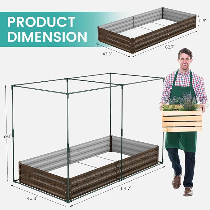 SUNYRISY Galvanized Raised Garden Bed with Protection Netting Outdoor Metal Planter Box with Plant Crop Cage Garden Box Protection for Gardening Vegetables Flowers Herbs Planting Wood Grain