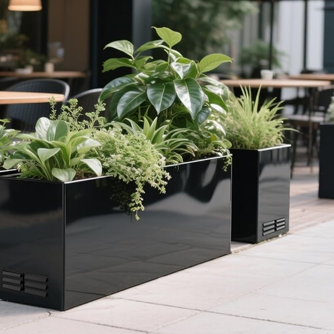 Worth Metal Planter Box with Insert Plate &amp Drain Holes Indoor or Outdoor Use No Assembly Required 30 x 11 x 13 14.3 Gallons Glossy Black