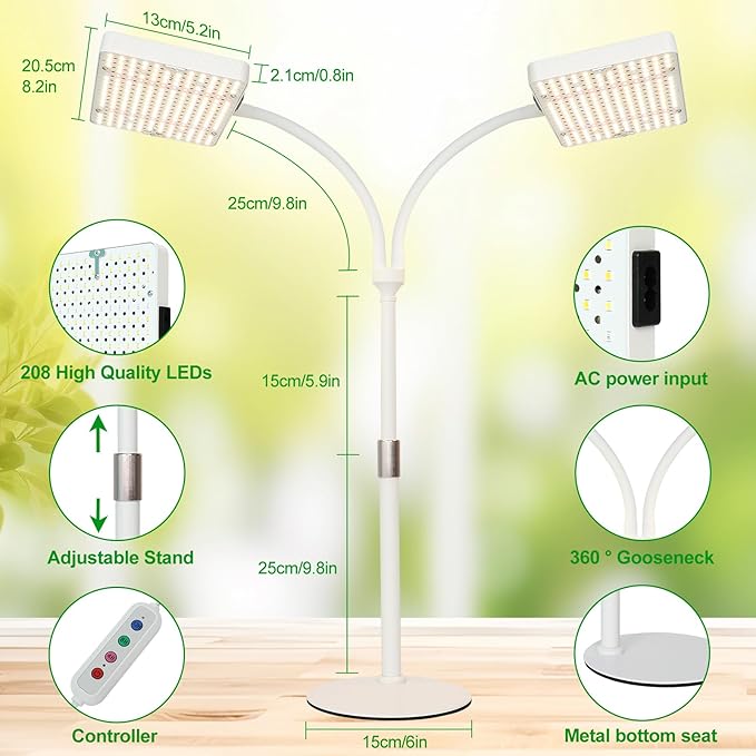 2Head Tabletop Grow Light Bright and Big Coverage Grow Lights for Seed Starting Bonsai Succulent 4/8/12/16/20H Timer 50 Watt Power Draw NO Need Adapter 16-24 Height Adjustable
