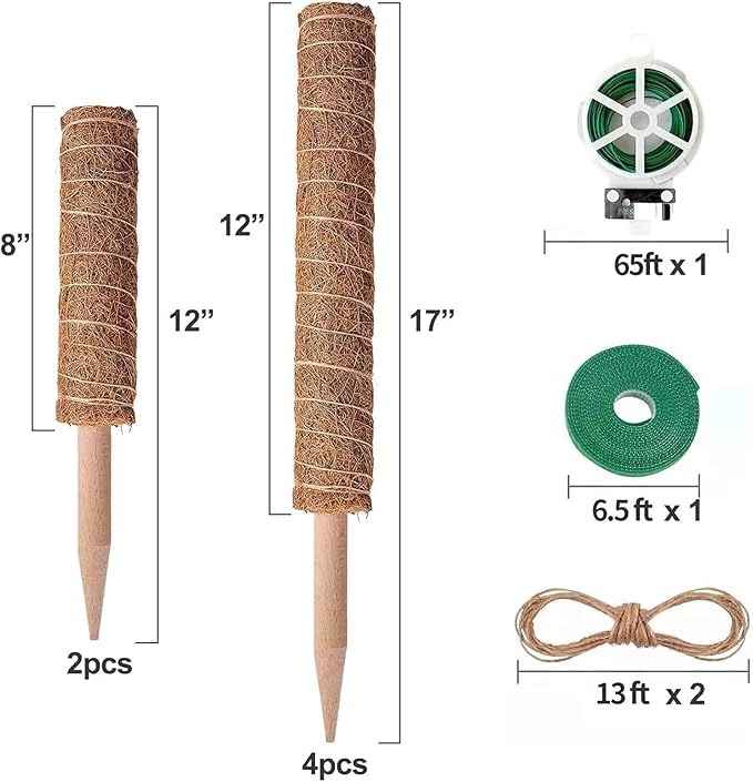 6 Pcs Moss Pole Extending to 68 Inches for Plants Monstera Plant Support Stakes for Indoor Climbing Plants Grow Upwards with 65ft Twist Ties 13ft Jute Rope 6.5ft Hook-and-Loop Strip