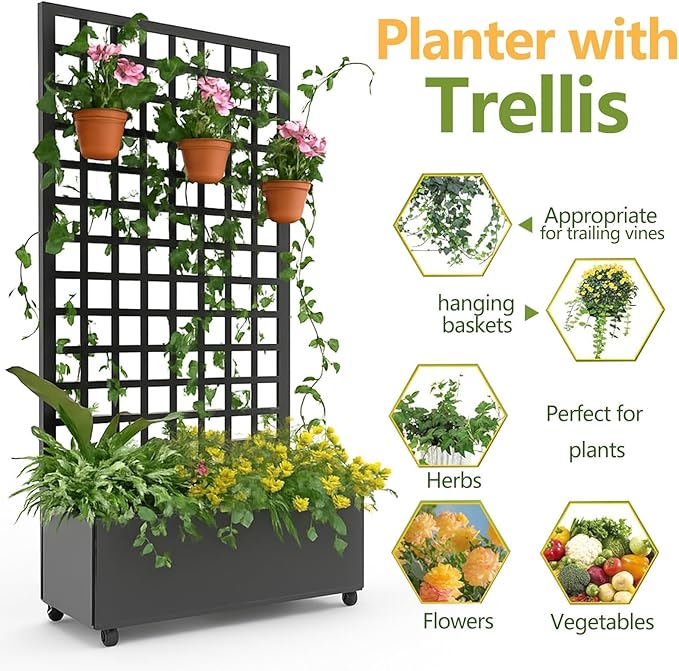 GAOMON Metal Planter Box with Square Lattice Trellis &amp Wheels Raised Garden Bed w/Privacy Screen &amp Drainage Hole for Climbing Plants Flower &amp Vine (72 in x47 in Black)