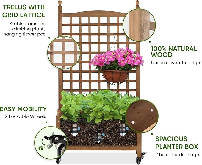 Idzo Raised Garden Bed with Trellis Durable Oil Coated Planter with Trellis 50 Inches Height Vertical Gardens Outdoors with Lockable Wheels and Convenient Non Woven Lining