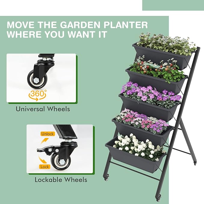 S AFSTAR 5-Tier Vertical Garden Planter Raised Garden Bed with 2 Lockable Wheels 7 Removable Planter Boxes Metal Frame Indoor Outdoor Elevated Planting Box for Flower Vegetables Fruit Herbs