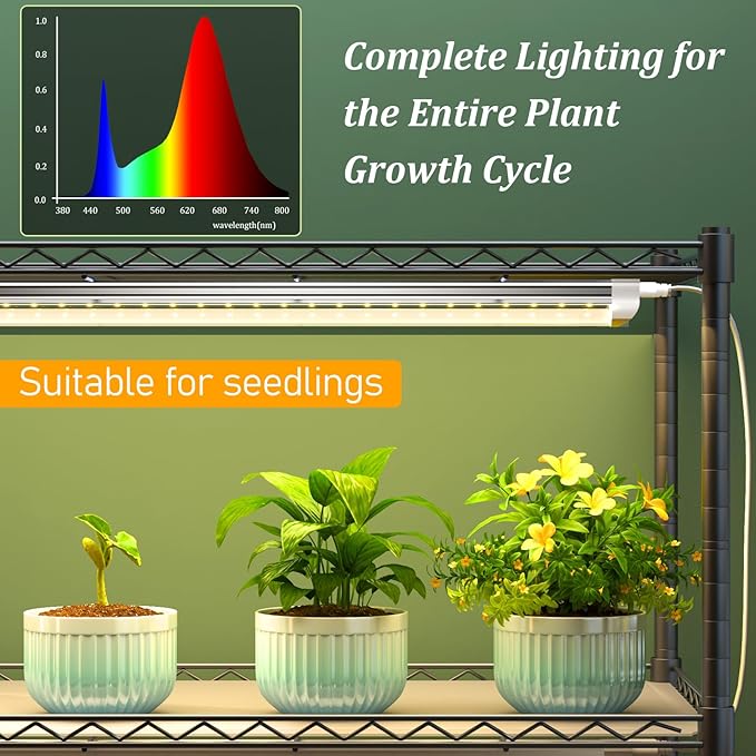 Plant Shelf with Grow Light DIY 6-Tier Plant Stand with Grow Light Adjustable Rack and Wheels 8 Pack 24 192W T8 Full Spectrum Grow Lamp for Indoor Plants Seed Starting Vegetable 29x13.5x73.5