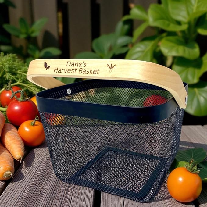 PersonalizedMetal Mesh Harvest Basket with Custom Engraved Handle Gift For Gardeners Vegitable Harvesting Basket Gardening Tools 9x7x7in