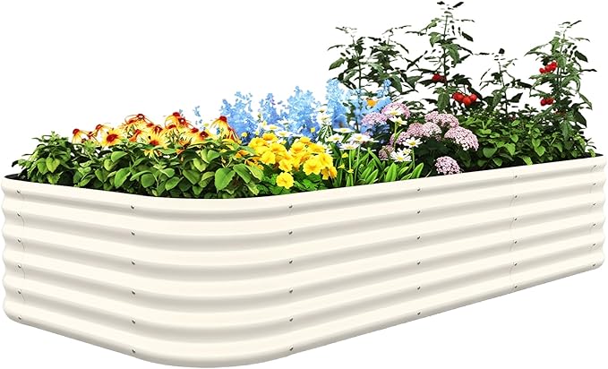 Quictent Raised Garden Bed Kit Oval Galvanized Metal Planter Box Tall for Vegetables Outdoor Backyard Strengthened by Crossbar Beige 8x4x1.5 ft