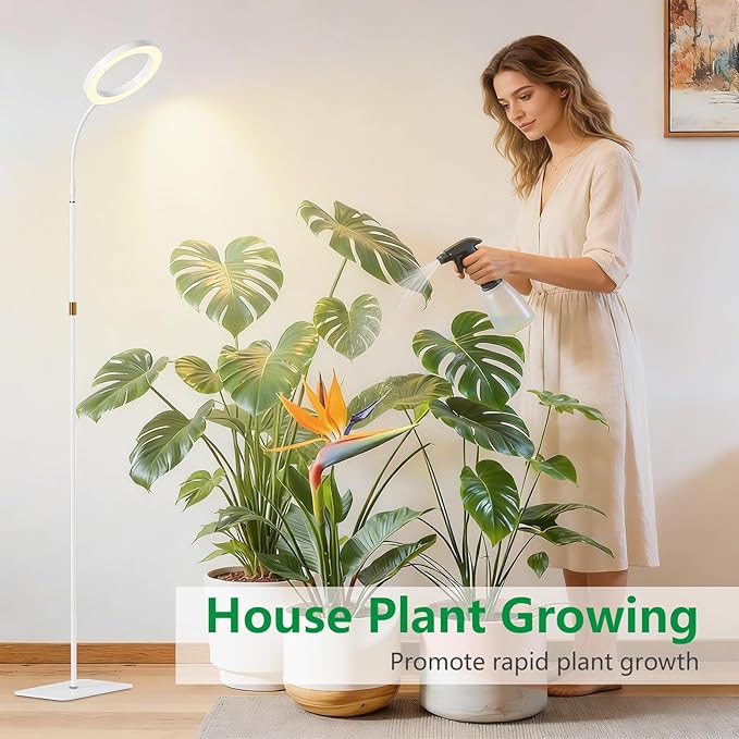 One Head Grow Light for Indoor Plants Full Spectrum - Floor Standing Plant Lamp with Auto Timer 6/12/18H 5-Level Dimmable &amp Adjustable Height 16.5-68in for Large Tall Plants | White