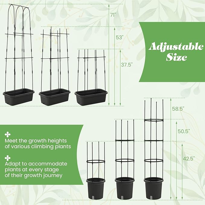 Giantex Set of 2 Raised Garden Bed w/Trellis &amp Plant Cage Planter Box w/ 71” Cucumber Trellis Round Raised Bed w/ 58.5” Tomato Cage PE-Coated Metal Adjustable Height for Climbing Plant