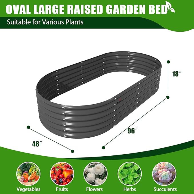 A ANLEOLIFE 6 Pcs 8X4X1.5 ft Oval Large Galvanized Raised Garden Beds Outdoor for Planting Vegetables Flowers Herb Quartz Grey