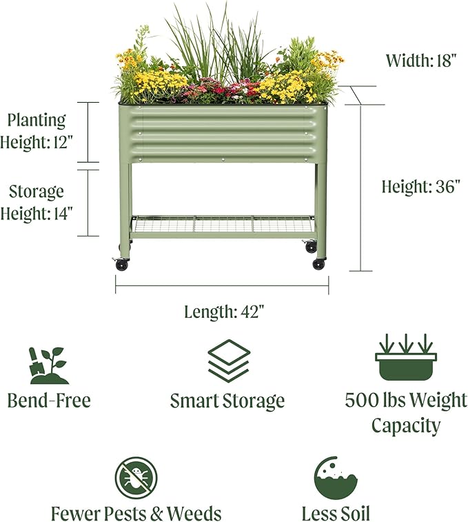 Rolling Elevated Raised Garden Bed - Slim Series 1.5' x 3.5' Outdoor Planters Boxes with Legs &amp Storage Rack for Patio 500 Lbs Weight Capacity Raised Beds for Gardening Herbs Flowers Pearl Whi