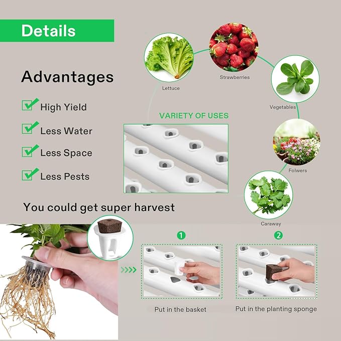VIVOSUN Hydroponics Growing System 108 Plant Sites 3 Layers 12 Food-Grade PVC-U Pipes Gardening System Grow Kit with Water Pump Timer Nest Basket and Sponge for Leafy Vegetables