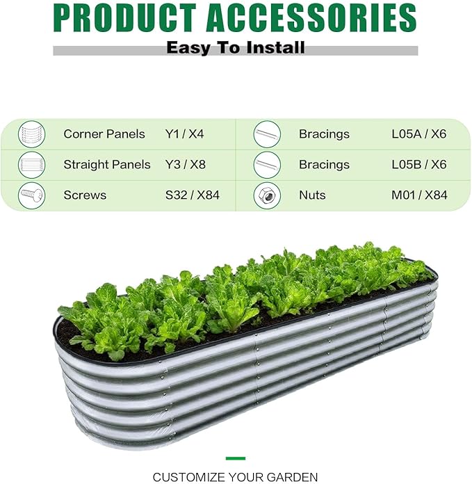 GrowHaus 8x2x1.4FT Galvanized Raised Garden Bed Planter Boxes Outdoor Large Metal Garden Beds for Planting Vegetables Flowers Herbs Silver