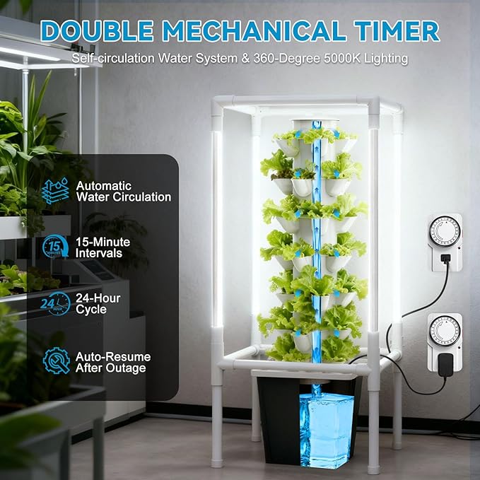JESLED Hydroponic Growing System Indoor Herb Garden with 5000K Full-Spectrum Grow Lights Dual Timers for Auto Watering &amp Lighting Grows 30 Herbs &amp Vegetables Hydroponic Tower with 10L Wate