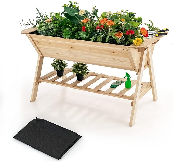 Giantex Raised Garden Bed Wood Planter Raised Bed with Storage Shelf Outdoor Plant Box Black Liner Drainage Hole Elevated Freestanding Garden Box for Patio Backyard Balcony 59x31x32.5