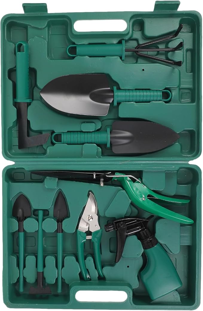 Portable 10pcs Gardening Tool Set with Shovel Rake Pruning Shears and Storage Case for Flower Planting and Garden Maintenance