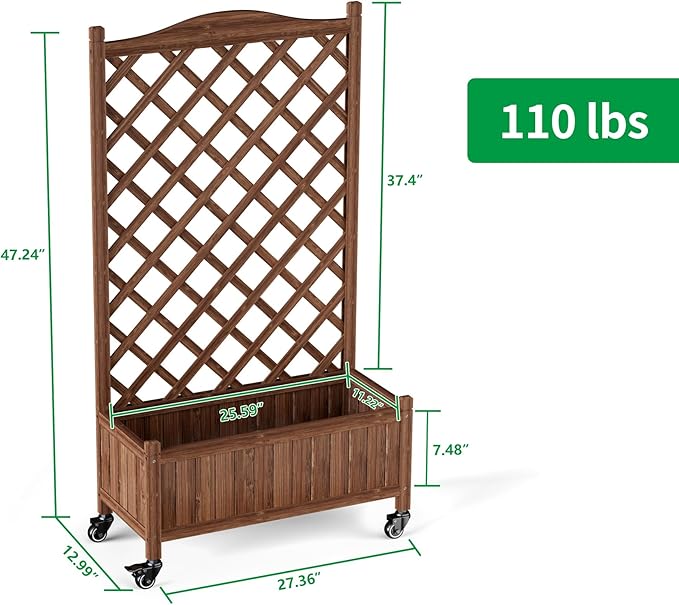 Upgraded 2-Pack 50 Tall Trellis Planter Box with Wheels 49.8H × 27.6W × 13.0D Solid Fir Wood Raised Garden Bed &amp Lattice Privacy Screen Rolling Planter with Drainage for Patio/Garden