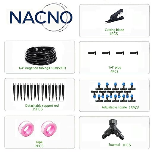 NACNO59FT [Selected Size] Greenhouse Misting Cooling System - DIY Automatic Irrigation Kit for Hanging Plants Patio &amp Garden. Adjustable Atomizing Nozzles with 1/4 Tubing &amp Quick Connector D