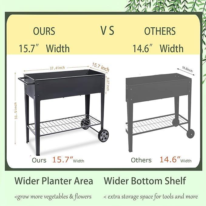 31.5 Tall Raised Garden Bed with Wheels Extra 15.7 W Planter Box (400 lbs Loads) with Storage Shelf &amp HandleHeavy Duty Metal Garden Planter for Vegetables Herbs &amp Flowers Patio &amp Bal