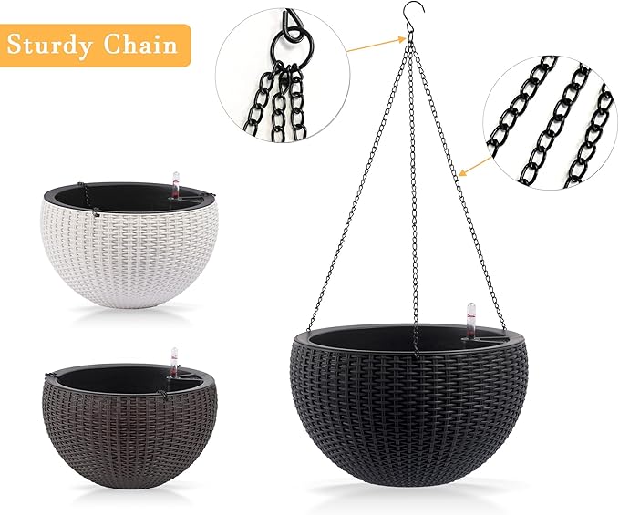 13.4 inch Self Watering Hanging Rattan Planter Large Capacity Root Rot Resistant Water Storage with Water Level Indicator Dual Use for Indoor Balcony Decoration (Pack of 2 Black)