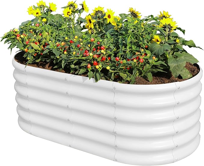 Land Guard 18“ Tall 4×2ft Galvanized Raised Garden Bed Kit Galvanized Planter Garden Boxes Outdoor Oval Large Metal Raised Garden Bed for Vegetables……… (Pearl White 4×2×1.5ft)
