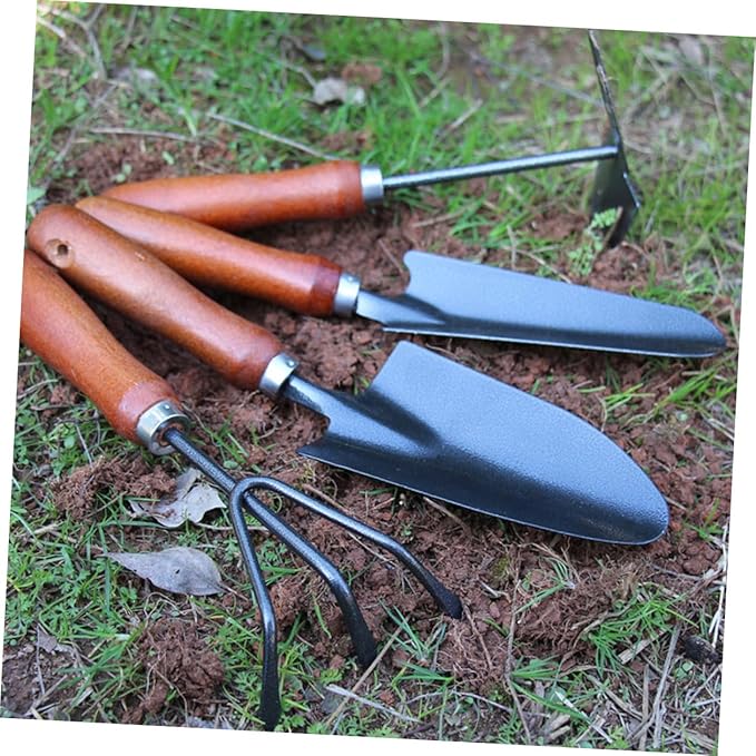 Wakauto 4pcs Mini Garden Tool Set with Thickened Iron Shovels Wooden Handle Planting Tools for Flower Pots and Lawn Gardening Maintenance
