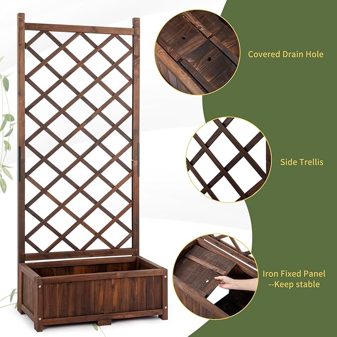 Wood Planter Raised Garden Bedwith Trellis29.5 x 16.9 x 67'' Outdoor Raised Garden Bed with Drainage Holes Free-Standing Trellis Planter Box for Vine Climbing Flowers in Garden