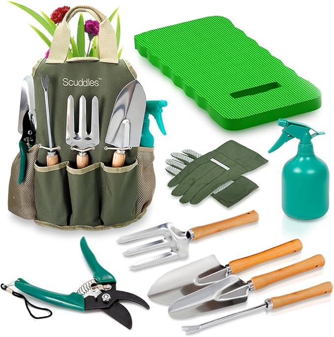 Scuddles Premium Gardening Kit for Women – 10 Stainless Steel Tools with Ergonomic Handles Tote Bag Kneeling Pad Shears Gloves Rake Trowel &amp Shovel – Garden Set for Planting Pruning &amp G
