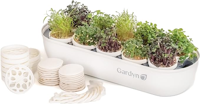GARDYN Complete Microgreens Growing Kit - Indoor Herb Garden - Indoor Hydroponics Growing System Kit Nursery Seed Starter Tray 20 Seed Pads Bamboo Wicks10 Grow Plates