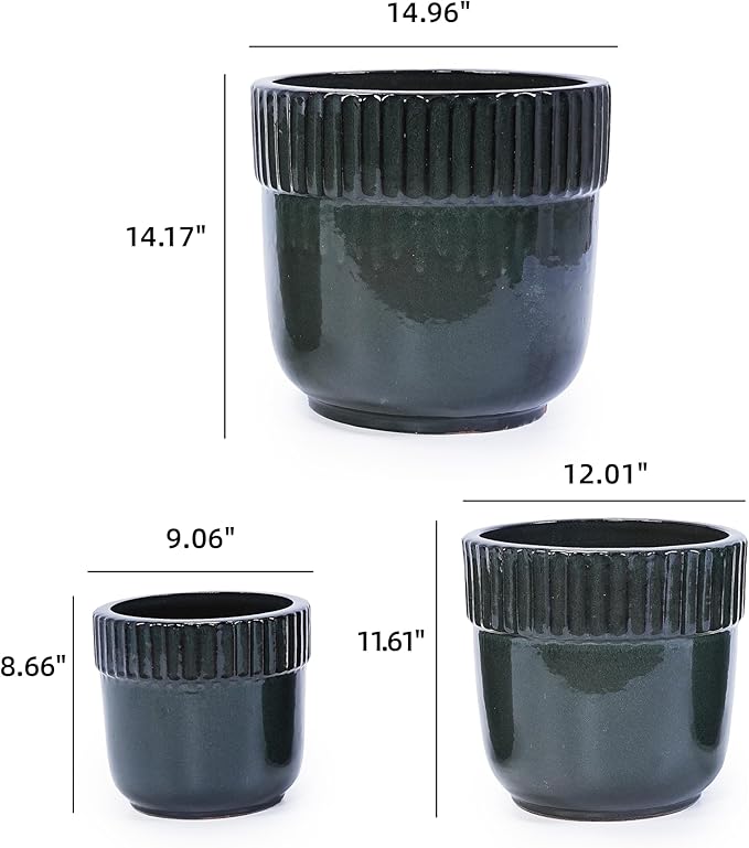 Handmade Ceramic Planter Set of 3 15149 Inch Diameter Black Ribbed Pattern for Succulents IndoorOutdoor Use on Windowsill Bookshelf Breathable Clay