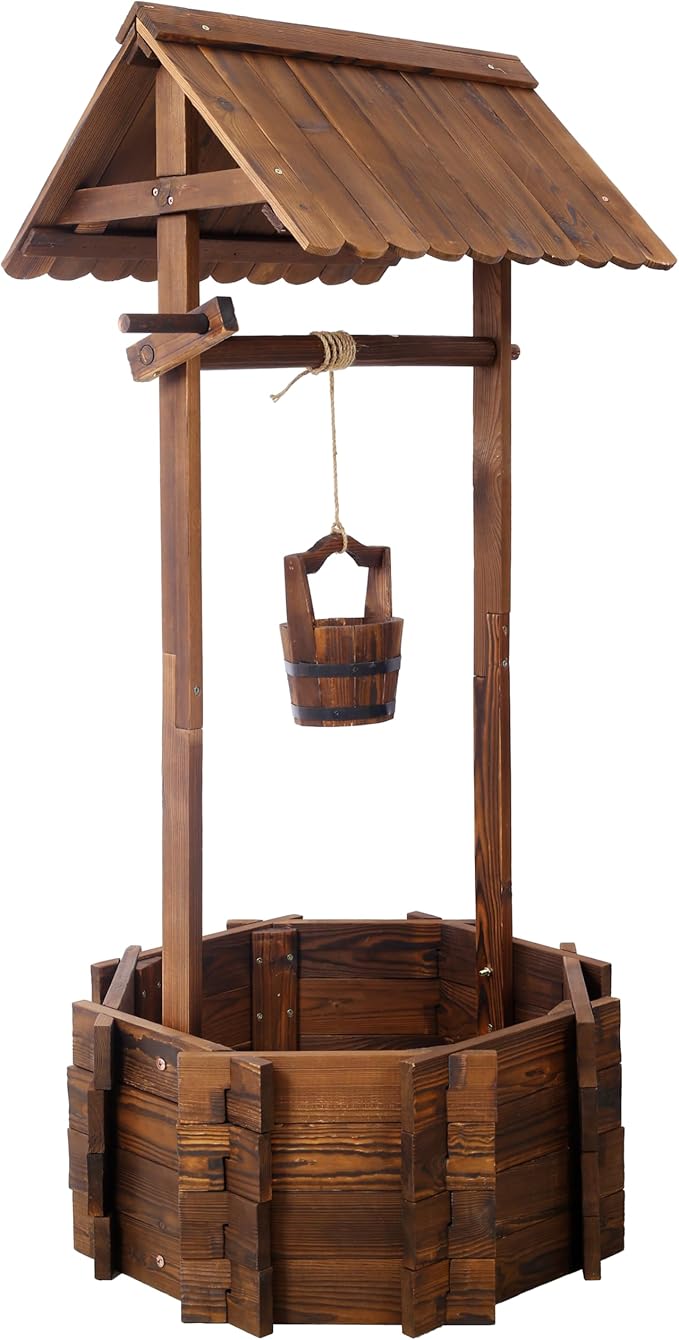 Rustic Wooden Wishing Well Planter Outdoor Home Décor for Patio Garden Yard wHanging Bucket