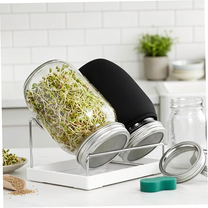 Sprouts Growing Kit Wide Mouth Sprouting Jar Kit with Stainless Steel Mesh Lids Drip Tray and Stand for Broccoli Mung Bean &amp Alfalfa Sprouts Growing