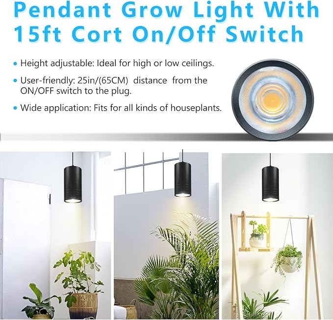Plant Hanging Grow Light Full Spectrum Warm White Color with Timer Plug-in Pendant Grow LightsLarge Black Luxury LED Grow LightsIndoor Pendant lamp