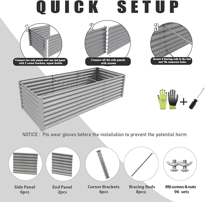 2 Pack 8x3x2FT Galvanized Raised Garden Bed Kit Rectangular Metal Ground Planter Box Outdoor Bottomless Planter Raised Beds for Vegetables Flowers Herbs Fruits Gray