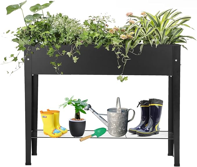 Piksedo Raised Garden Bed Elevated Planter Metal Plant Box with Legs Standing Garden Stand Drainage Holes Frosted Black