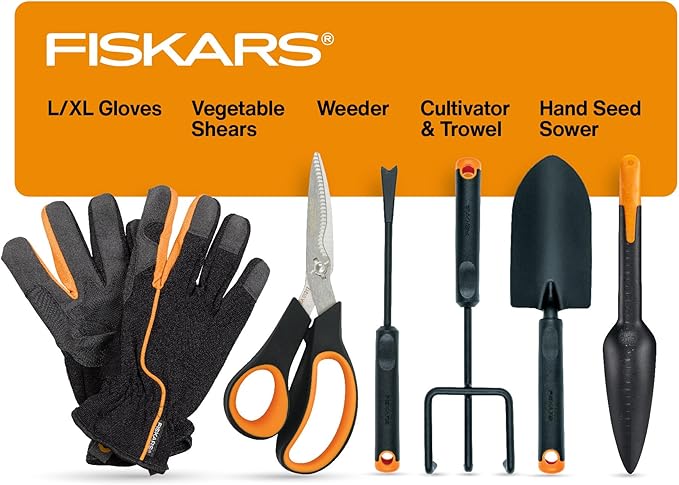 Fiskars Vegetable Gardening Essentials 6-Piece Tool Set for Cultivating Serrated Stainless Steel Shears &amp 4-in-1 Seed Sower for Planting Rust-Resistant Steel Trowel Cultivator Weeder L/XL Glo