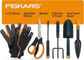 Fiskars Vegetable Gardening Essentials 6-Piece Tool Set for Cultivating Serrated Stainless Steel Shears &amp 4-in-1 Seed Sower for Planting Rust-Resistant Steel Trowel Cultivator Weeder L/XL Glo
